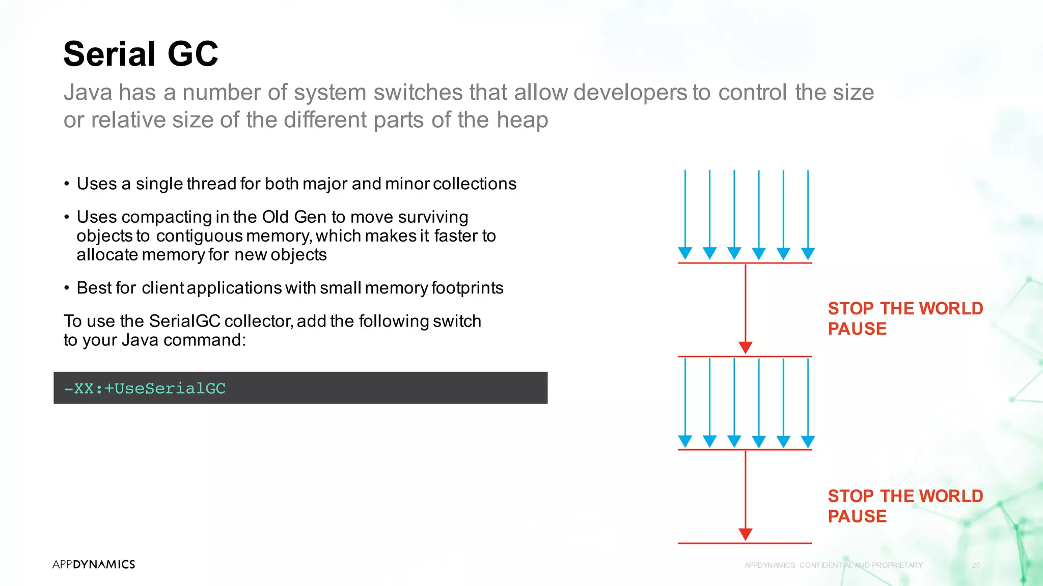 Serial GC
APPDYNAMICS CONFIDENTIAL AND PROPRIETARY 20
-XX:+UseSerialGC
Java has a number of system switches that allow developers to control the size
or relative size of the different parts of the heap
• Uses a single thread for both major and minor collections
• Uses compacting in the Old Gen to move surviving
objects to contiguous memory,which makes it faster to
allocate memory for new objects
• Best for clientapplications with small memory footprints
To use the SerialGC collector,add the following switch
to your Java command:
STOP THE WORLD
PAUSE
STOP THE WORLD
PAUSE
 
