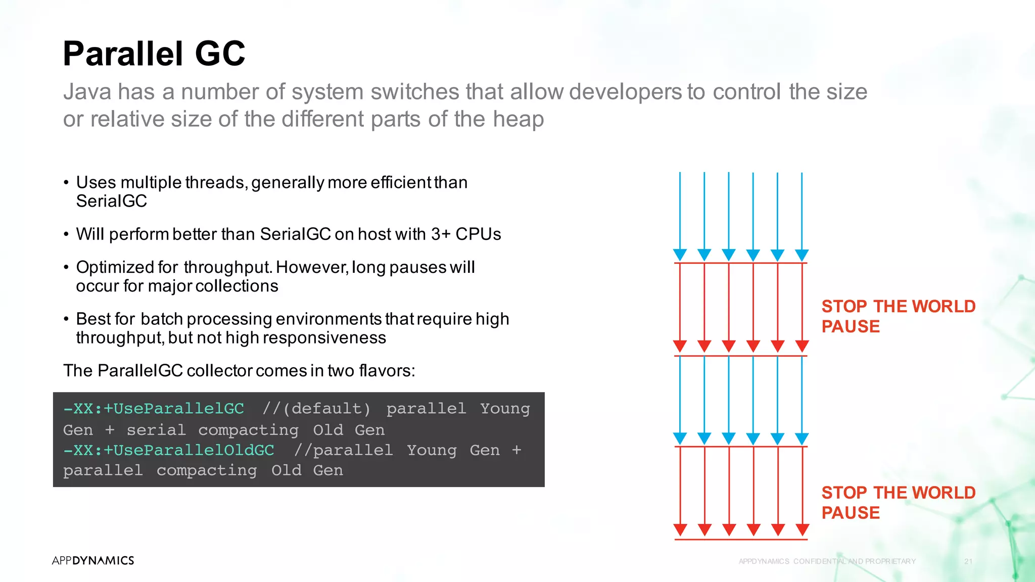 Parallel GC
APPDYNAMICS CONFIDENTIAL AND PROPRIETARY 21
-XX:+UseParallelGC //(default) parallel Young
Gen + serial compacting Old Gen
-XX:+UseParallelOldGC //parallel Young Gen +
parallel compacting Old Gen
Java has a number of system switches that allow developers to control the size
or relative size of the different parts of the heap
• Uses multiple threads,generally more efficientthan
SerialGC
• Will perform better than SerialGC on host with 3+ CPUs
• Optimized for throughput.However,long pauses will
occur for major collections
• Best for batch processing environments thatrequire high
throughput,but not high responsiveness
The ParallelGC collector comes in two flavors:
STOP THE WORLD
PAUSE
STOP THE WORLD
PAUSE
 