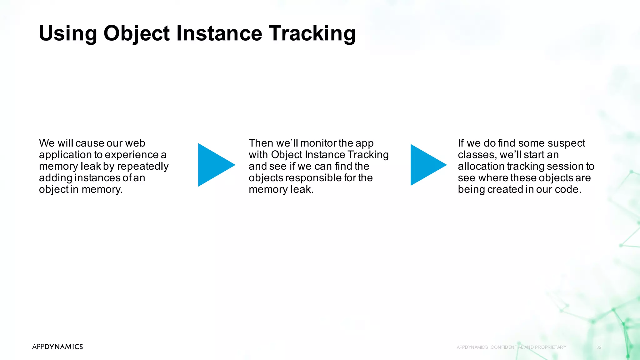 Using Object Instance Tracking
APPDYNAMICS CONFIDENTIAL AND PROPRIETARY 32
We will cause our web
application to experience a
memory leak by repeatedly
adding instances ofan
objectin memory.
Then we’ll monitor the app
with Object Instance Tracking
and see if we can find the
objects responsible for the
memory leak.
If we do find some suspect
classes, we’ll start an
allocation tracking session to
see where these objects are
being created in our code.
 