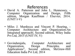 References
• David A. Patterson and John L. Hennessey, -
Computer Organization and Design, Fifth
edition, Morgan Kauffman / Elsevier, 2014.
(UNIT I-V)
• Miles J. Murdocca and Vincent P. Heuring, -
Computer Architecture and Organization:An
Integrated approach‖, Second edition, Wiley India
Pvt Ltd, 2015 (UNIT IV, V)
• Govindarajalu, Computer Architecture and
Organization, Design Principles and
Applications", Second edition, McGraw-Hill
Education India Pvt Ltd, 2014
 