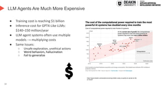 13
LLM Agents Are Much More Expensive
● Training cost is reaching $1 billion
● Inference cost for GPT4-Like LLMs:
$140–150 million/year
● LLM agent systems often use multiple
models → multiplying costs
● Same Issues:
○ Unsafe exploration, unethical actions
○ Weird behaviors, hallucination
○ Fail to generalize
https://www.linkedin.com/pulse/uncovering-hidden-costs-ai-queries-dr-ayman-al-rifa
ei-1kmsf?
 
