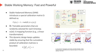 25
Stable Working Memory: Fast and Powerful
● Stable Hadamard Memory (SHM)
introduces a special calibration matrix Ct
defined as:
● θt: Trainable parameters that are
randomly selected for each timestep.
● vc(xt): A mapping function (e.g., a linear
transformation)
● This dynamic design keeps updates
stable by ensuring that the cumulative
product of calibration matrices is
bounded:
Le, Hung, Kien Do, Dung Nguyen, Sunil Gupta, and Svetha Venkatesh. "Stable
Hadamard Memory: Revitalizing Memory-Augmented Agents for Reinforcement
Learning." ICLR, 2025.
Long-term credit
assignment
 