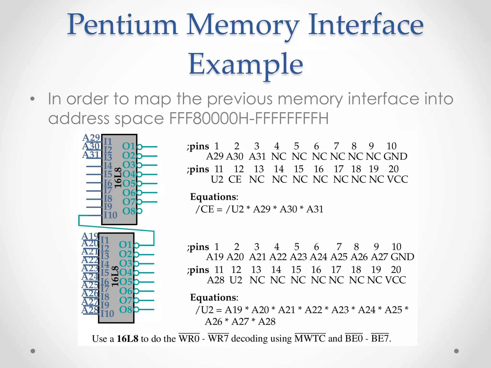 Pentium Memory Interface
Example
• In order to map the previous memory interface into
address space FFF80000H-FFFFFFFFH
 