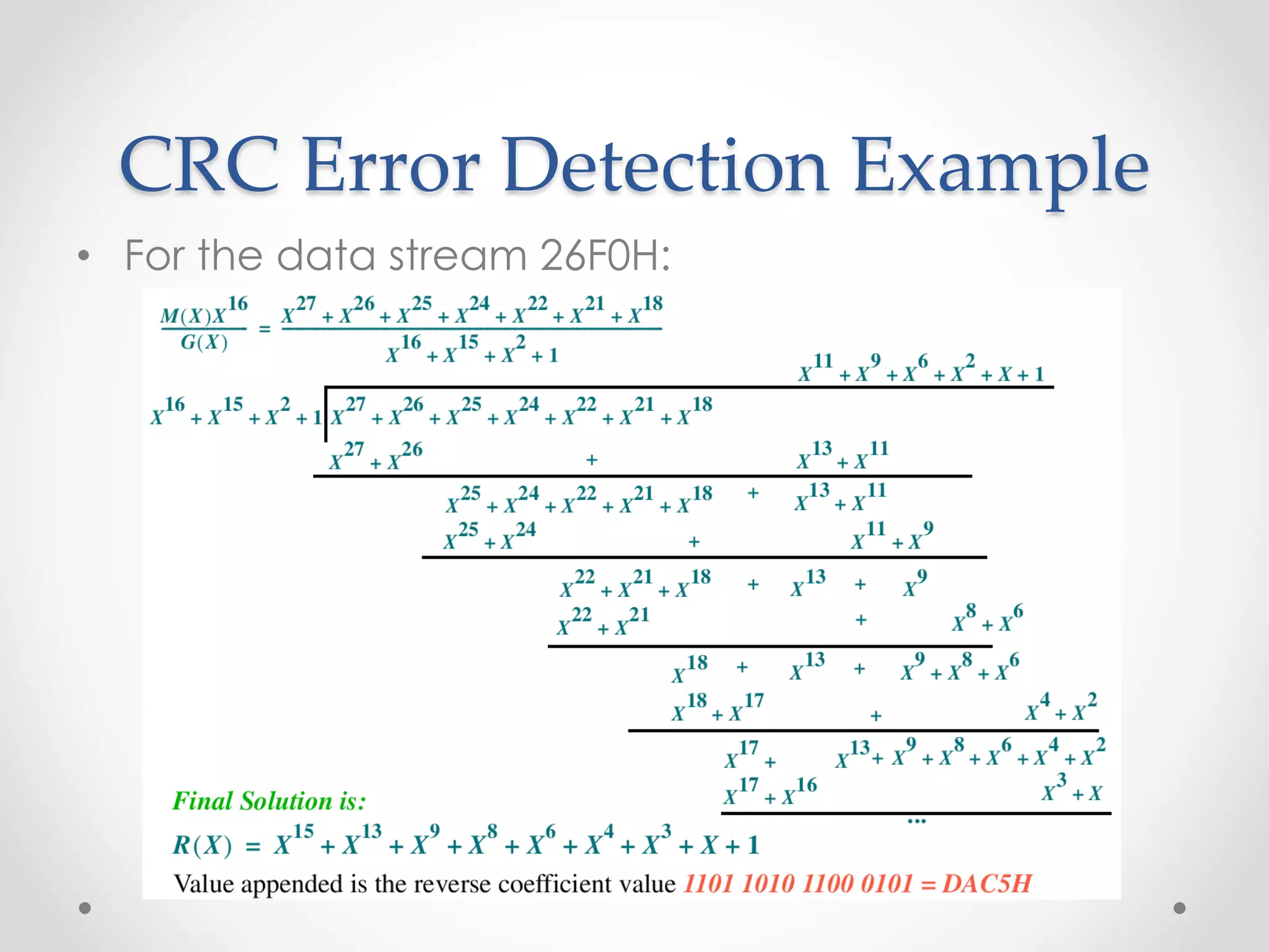 CRC Error Detection Example
• For the data stream 26F0H:
 