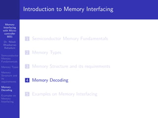 Memory
Interfacing
with Micro-
controller
8051
Dr. Nilesh
Bhaskarrao
Bahadure
Semiconductor
Memory
Fundamentals
Memory Types
Memory
Structure and
its
requirements
Memory
Decoding
Examples on
Memory
Interfacing
Introduction to Memory Interfacing
1 Semiconductor Memory Fundamentals
2 Memory Types
3 Memory Structure and its requirements
4 Memory Decoding
5 Examples on Memory Interfacing
 