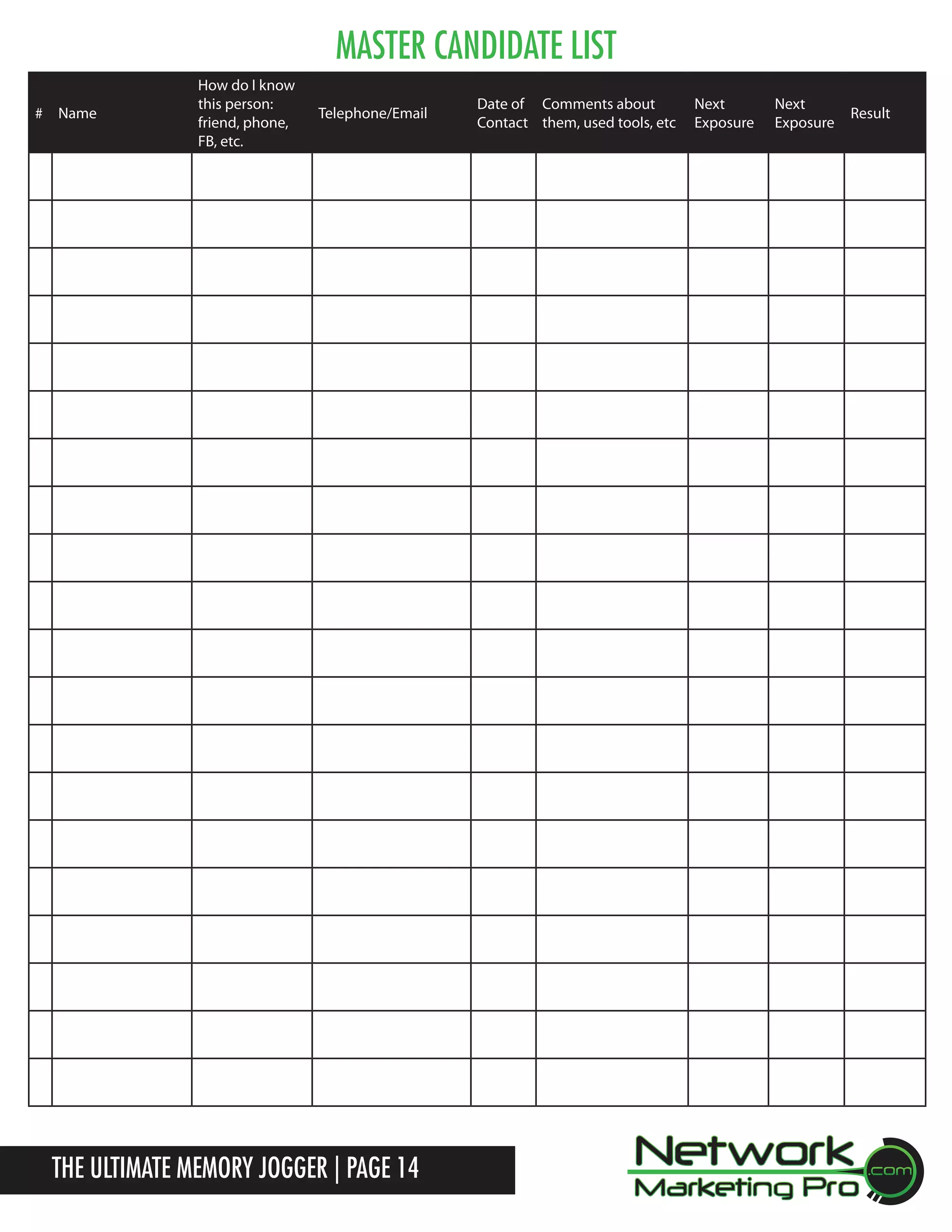 Master Candidate List
# Name

How do I know
this person:
friend, phone,
FB, etc.

Telephone/Email

The Ultimate Memory Jogger | Page 14

Date of Comments about
Contact them, used tools, etc

Next
Exposure

Next
Exposure

Result

 