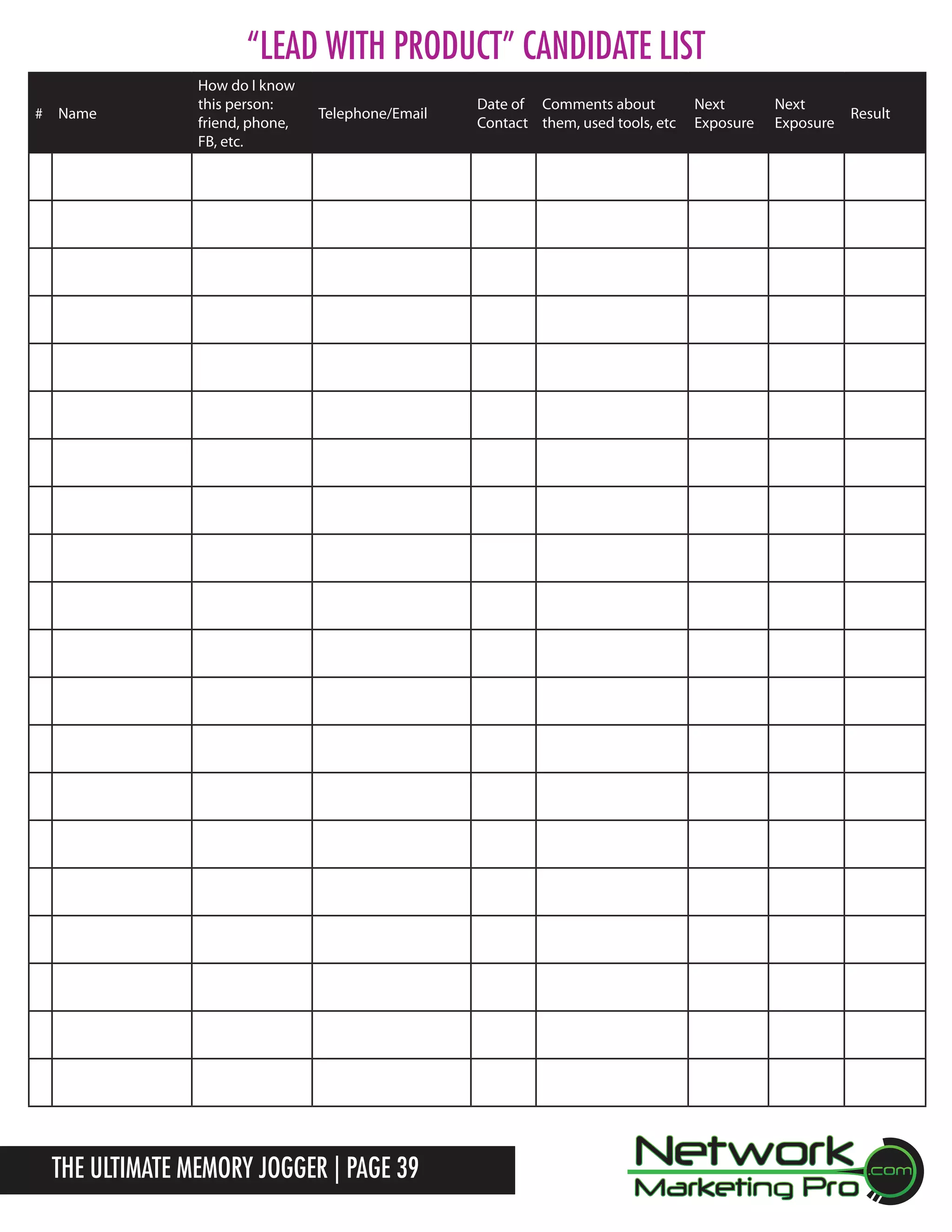 &ldquo;Lead with Product&rdquo; Candidate List
# Name

How do I know
this person:
friend, phone,
FB, etc.

Telephone/Email

The Ultimate Memory Jogger | Page 39

Date of Comments about
Contact them, used tools, etc

Next
Exposure

Next
Exposure

Result

 