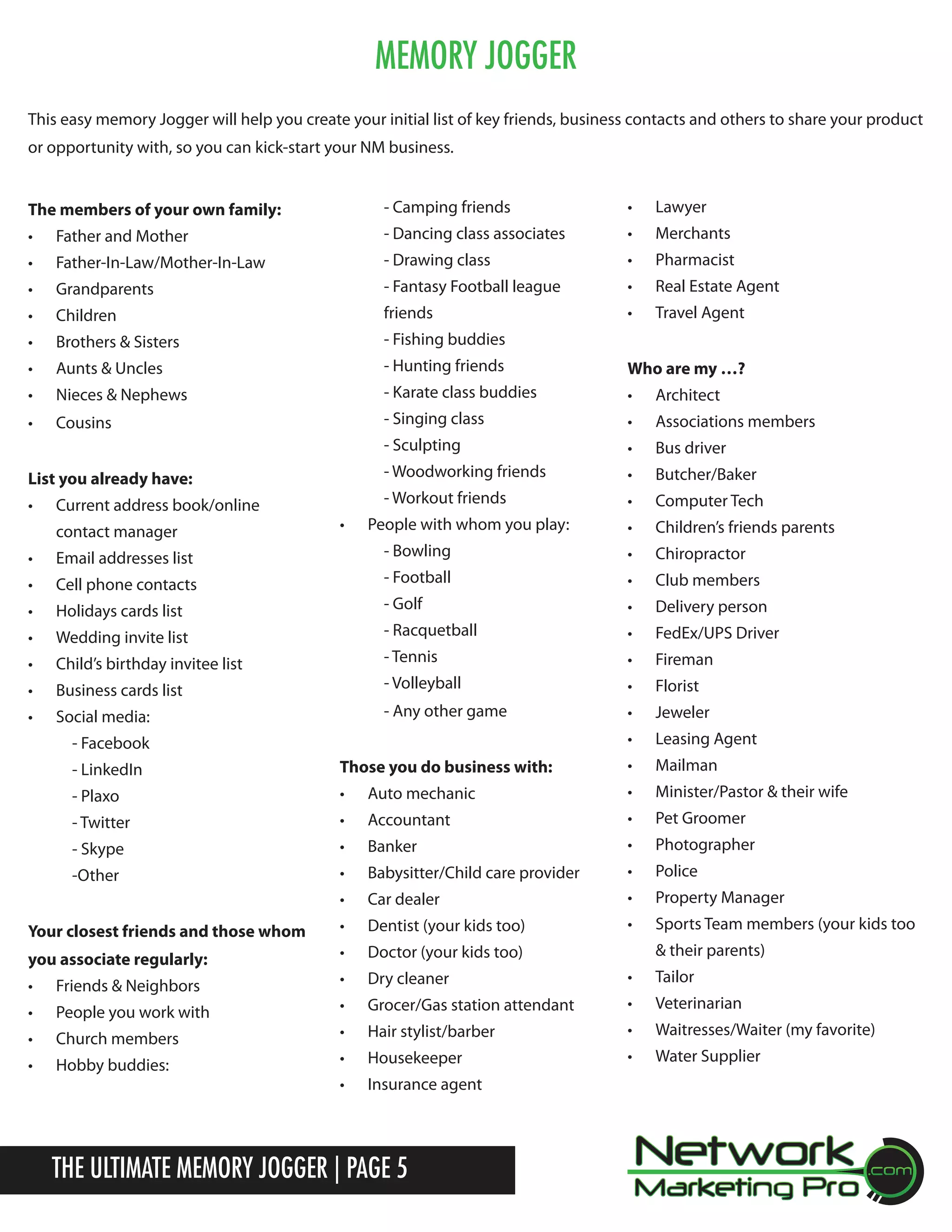 Memory Jogger
This easy memory Jogger will help you create your initial list of key friends, business contacts and others to share your product
or opportunity with, so you can kick-start your NM business.
The members of your own family:

- Camping friends

&bull;	

Lawyer

&bull;	

Father and Mother

- Dancing class associates

&bull;	

Merchants

&bull;	

Father-In-Law/Mother-In-Law

- Drawing class

&bull;	

Pharmacist

&bull;	

Grandparents

- Fantasy Football league

&bull;	

Real Estate Agent

&bull;	

Children

friends

&bull;	

Travel Agent

&bull;	

Brothers & Sisters

- Fishing buddies

&bull;	

Aunts & Uncles

- Hunting friends

Who are my &hellip;?

&bull;	

Nieces & Nephews

- Karate class buddies

&bull;	

Architect

&bull;	

Cousins

- Singing class

&bull;	

Associations members

- Sculpting

&bull;	

Bus driver

- Woodworking friends

&bull;	

Butcher/Baker

- Workout friends

&bull;	

Computer Tech

&bull;	

Children&rsquo;s friends parents

- Bowling

&bull;	

Chiropractor

- Football

&bull;	

Club members

- Golf

&bull;	

Delivery person

- Racquetball

&bull;	

FedEx/UPS Driver

- Tennis

&bull;	

Fireman

List you already have:
&bull;	

Current address book/online
contact manager

&bull;	

People with whom you play:

&bull;	

Email addresses list

&bull;	

Cell phone contacts

&bull;	

Holidays cards list

&bull;	

Wedding invite list

&bull;	

Child&rsquo;s birthday invitee list

&bull;	

Business cards list

- Volleyball

&bull;	

Florist

&bull;	

Social media:

- Any other game

&bull;	

Jeweler

&bull;	

Leasing Agent

- Facebook
- LinkedIn

Those you do business with:

&bull;	

Mailman

- Plaxo

&bull;	

Auto mechanic

&bull;	

Minister/Pastor & their wife

- Twitter

&bull;	

Accountant

&bull;	

Pet Groomer

- Skype

&bull;	

Banker

&bull;	

Photographer

-Other

&bull;	

Babysitter/Child care provider

&bull;	

Police

&bull;	

Car dealer

&bull;	

Property Manager

Your closest friends and those whom

&bull;	

Dentist (your kids too)

&bull;	

Sports Team members (your kids too

you associate regularly:

&bull;	

Doctor (your kids too)

&bull;	

Dry cleaner

&bull;	

Tailor

&bull;	

Grocer/Gas station attendant

&bull;	

Veterinarian

&bull;	

Hair stylist/barber

&bull;	

Waitresses/Waiter (my favorite)

&bull;	

Housekeeper

&bull;	

Water Supplier

&bull;	

Insurance agent

&bull;	

Friends & Neighbors

&bull;	

People you work with

&bull;	

Church members

&bull;	

Hobby buddies:

The Ultimate Memory Jogger | Page 5

& their parents)

 