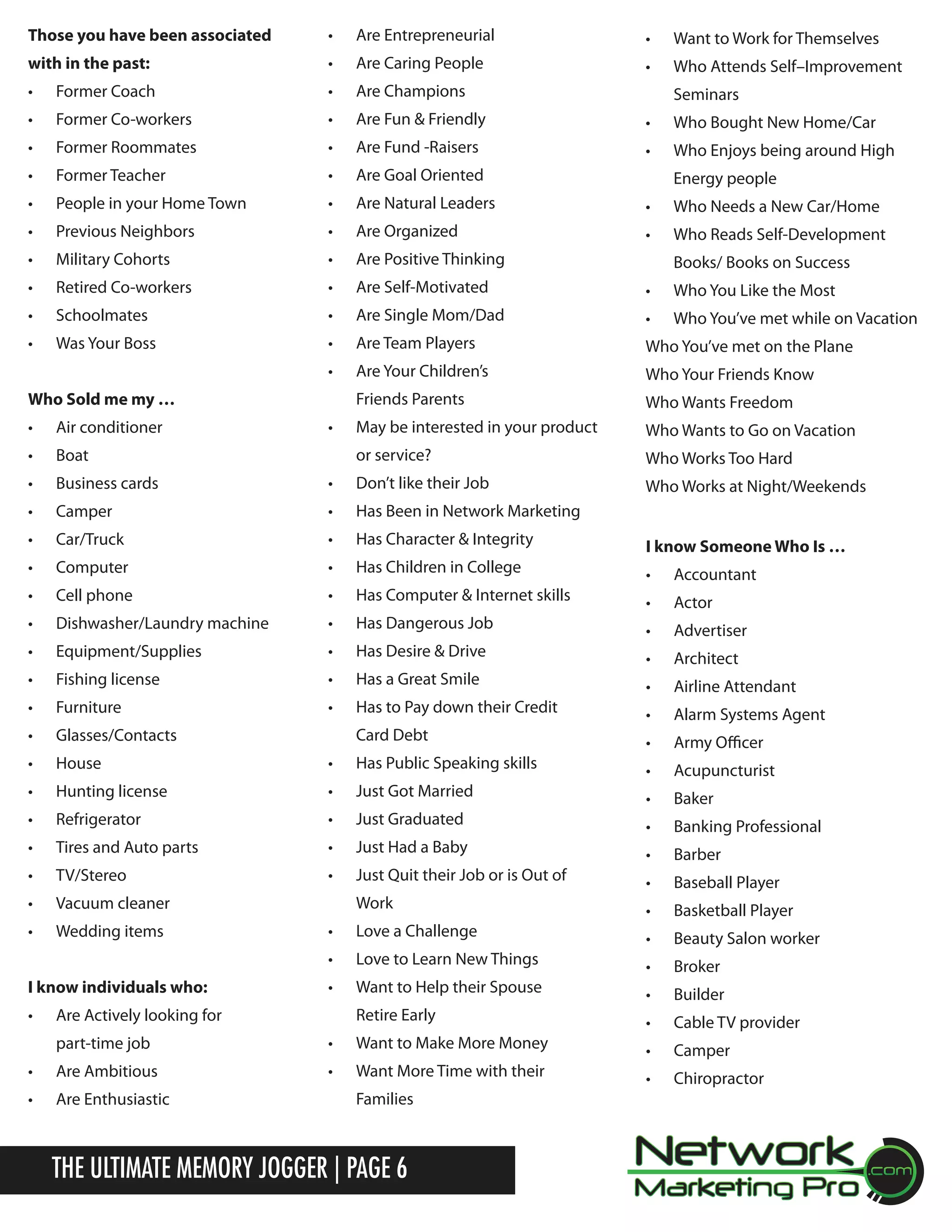Those you have been associated

&bull;	

Are Entrepreneurial

&bull;	

Want to Work for Themselves

with in the past:

&bull;	

Are Caring People

&bull;	

Who Attends Self&ndash;Improvement

&bull;	

Former Coach

&bull;	

Are Champions

&bull;	

Former Co-workers

&bull;	

Are Fun & Friendly

&bull;	

Who Bought New Home/Car

&bull;	

Former Roommates

&bull;	

Are Fund -Raisers

&bull;	

Who Enjoys being around High

&bull;	

Former Teacher

&bull;	

Are Goal Oriented

&bull;	

People in your Home Town

&bull;	

Are Natural Leaders

&bull;	

Who Needs a New Car/Home

&bull;	

Previous Neighbors

&bull;	

Are Organized

&bull;	

Who Reads Self-Development

&bull;	

Military Cohorts

&bull;	

Are Positive Thinking

&bull;	

Retired Co-workers

&bull;	

Are Self-Motivated

&bull;	

Who You Like the Most

&bull;	

Schoolmates

&bull;	

Are Single Mom/Dad

&bull;	

Who You&rsquo;ve met while on Vacation

&bull;	

Was Your Boss

&bull;	

Are Team Players

Who You&rsquo;ve met on the Plane

&bull;	

Are Your Children&rsquo;s

Who Your Friends Know

Friends Parents

Who Wants Freedom

May be interested in your product

Who Wants to Go on Vacation

or service?

Who Works Too Hard
Who Works at Night/Weekends

Who Sold me my &hellip;
&bull;	

&bull;	

Air conditioner

&bull;	

Boat

&bull;	

Business cards

&bull;	

Don&rsquo;t like their Job

&bull;	

Camper

&bull;	

Car/Truck

&bull;	

Has Character & Integrity

&bull;	

Computer

&bull;	

Has Children in College

&bull;	

Cell phone

&bull;	

Has Computer & Internet skills

&bull;	

Dishwasher/Laundry machine

&bull;	

Has Dangerous Job

&bull;	

Equipment/Supplies

&bull;	

Has Desire & Drive

&bull;	

Fishing license

&bull;	

Has a Great Smile

&bull;	

Furniture

&bull;	

Has to Pay down their Credit

&bull;	

Glasses/Contacts

&bull;	

House

&bull;	

Has Public Speaking skills

&bull;	

Hunting license

&bull;	

Just Got Married

&bull;	

Refrigerator

&bull;	

Just Graduated

&bull;	

Tires and Auto parts

&bull;	

Just Had a Baby

&bull;	

TV/Stereo

&bull;	

Just Quit their Job or is Out of

Energy people

Books/ Books on Success

Has Been in Network Marketing

&bull;	

Seminars

&bull;	

Wedding items

Work

Vacuum cleaner

&bull;	

Card Debt

&bull;	

Love a Challenge

&bull;	
I know individuals who:

&bull;	

Love to Learn New Things

&bull;	

Want to Help their Spouse
Retire Early

Are Actively looking for
part-time job

&bull;	

Want to Make More Money

&bull;	

Are Ambitious

&bull;	

Want More Time with their

&bull;	

Are Enthusiastic

Families

The Ultimate Memory Jogger | Page 6

I know Someone Who Is &hellip;
&bull;	

Accountant

&bull;	

Actor

&bull;	

Advertiser

&bull;	

Architect

&bull;	

Airline Attendant

&bull;	

Alarm Systems Agent

&bull;	

Army Officer

&bull;	

Acupuncturist

&bull;	

Baker

&bull;	

Banking Professional

&bull;	

Barber

&bull;	

Baseball Player

&bull;	

Basketball Player

&bull;	

Beauty Salon worker

&bull;	

Broker

&bull;	

Builder

&bull;	

Cable TV provider

&bull;	

Camper

&bull;	

Chiropractor

 