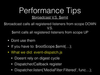 Performance Tips
• Dont use them
• If you have to: $rootScope.$emit(…);
• What we did: event-dispatch.js
• Doesnt rely on digest cycle
• Dispatcher/Callback register
• Dispatcher.listen('MediaFilter:Filtered', func…);
$broadcast calls all registered listeners from scope DOWN
V.S.
$emit calls all registered listeners from scope UP
$broadcast V.S. $emit
 