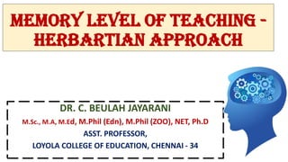 MEMORY LEVEL OF TEACHING -
HERBARTIAN APPROACH
DR. C. BEULAH JAYARANI
M.Sc., M.A, M.Ed, M.Phil (Edn), M.Phil (ZOO), NET, Ph.D
ASST. PROFESSOR,
LOYOLA COLLEGE OF EDUCATION, CHENNAI - 34
 