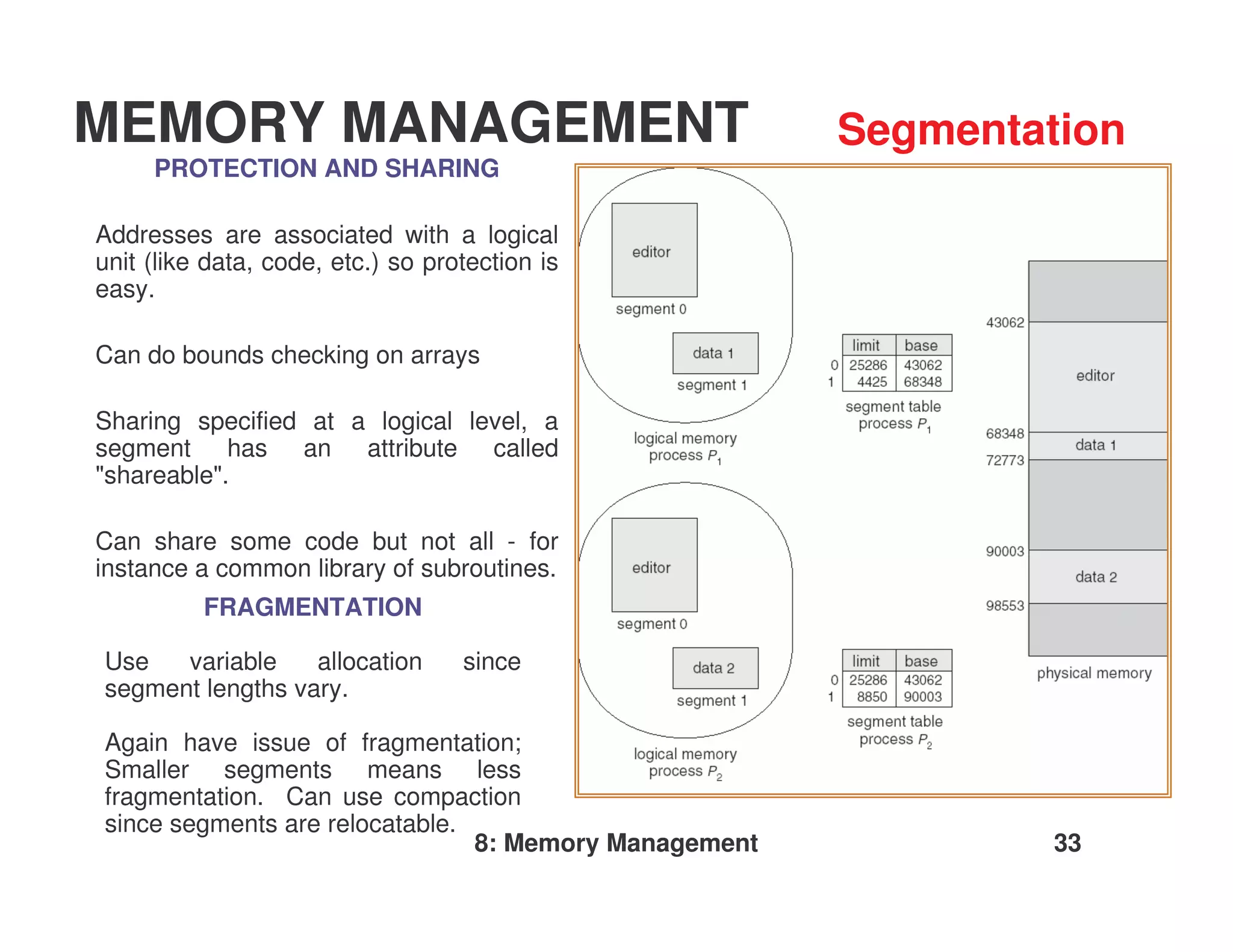 MEMORY MANAGEMENT                                      Segmentation
     PROTECTION AND SHARING

Addresses are associated with a logical
unit (like data, code, etc.) so protection is
easy.

Can do bounds checking on arrays

Sharing specified at a logical level, a
segment has an attribute called
"shareable".

Can share some code but not all - for
instance a common library of subroutines.
          FRAGMENTATION

Use   variable    allocation       since
segment lengths vary.

Again have issue of fragmentation;
Smaller segments means less
fragmentation. Can use compaction
since segments are relocatable.
                                8: Memory Management            33
 