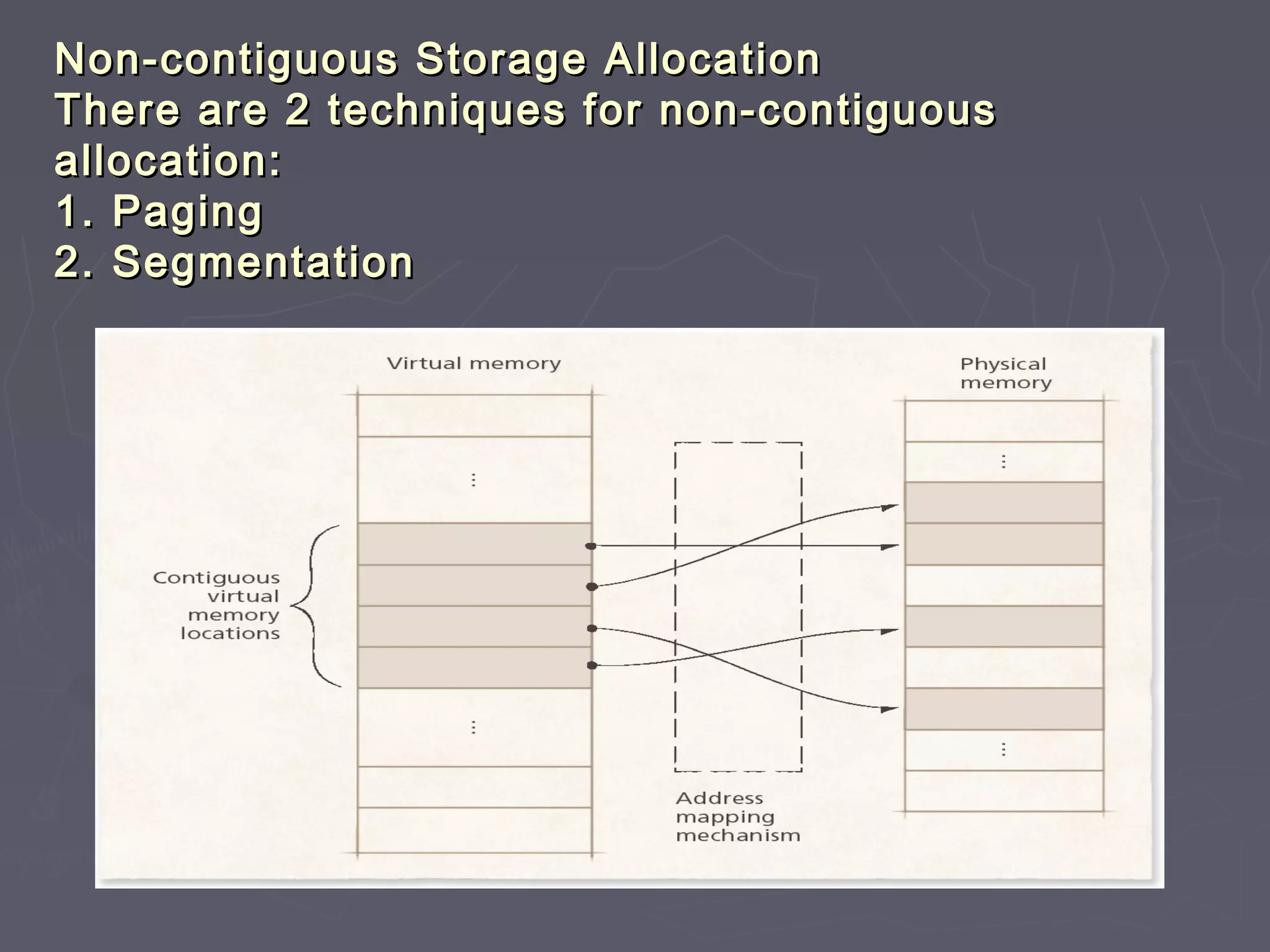 Non-contiguous Storage Allocation
There are 2 techniques for non-contiguous
allocation:
1. Paging
2. Segmentation
 