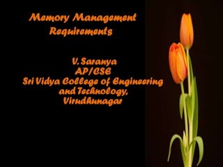 Memory Management
   Requirements

            V. Saranya
             AP/CSE
Sri Vidya College of Engineering
         and Technology,
          Virudhunagar
 