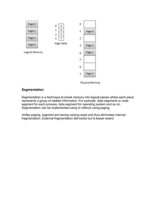 Segmentation
Segmentation is a technique to break memory into logical pieces where each piece
represents a group of related information. For example ,data segments or code
segment for each process, data segment for operating system and so on.
Segmentation can be implemented using or without using paging.
Unlike paging, segment are having varying sizes and thus eliminates internal
fragmentation. External fragmentation still exists but to lesser extent.
 