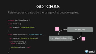 GOTCHAS
Retain cycles created by the usage of strong delegates: 
protocol UserViewDelegate {}
class UserView {
var delegate: UserViewDelegate?
}
class UserViewController: UIViewController {
var userView: UserView = UserView()
func viewDidLoad() {
super.viewDidLoad()
userView.delegate = self
}
}
UserViewController
UserView+1
+1
 