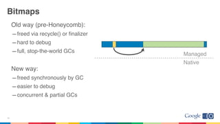 Bitmaps
Old way (pre-Honeycomb):
–freed via recycle() or ﬁnalizer
–hard to debug
–full, stop-the-world GCs
New way:
–freed synchronously by GC
–easier to debug
–concurrent & partial GCs
18
Managed
Native
 