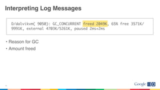 Interpreting Log Messages
D/dalvikvm( 9050): GC_CONCURRENT freed 2049K, 65% free 3571K/
9991K, external 4703K/5261K, paused 2ms+2ms
• Reason for GC
• Amount freed
23
 