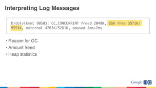 Interpreting Log Messages
D/dalvikvm( 9050): GC_CONCURRENT freed 2049K, 65% free 3571K/
9991K, external 4703K/5261K, paused 2ms+2ms
• Reason for GC
• Amount freed
• Heap statistics
24
 