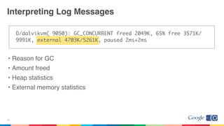 Interpreting Log Messages
D/dalvikvm( 9050): GC_CONCURRENT freed 2049K, 65% free 3571K/
9991K, external 4703K/5261K, paused 2ms+2ms
• Reason for GC
• Amount freed
• Heap statistics
• External memory statistics
25
 