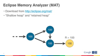 Eclipse Memory Analyzer (MAT)
• Download from http://eclipse.org/mat/
• “Shallow heap” and “retained heap”
31
100
100
100 100
R = 100
 