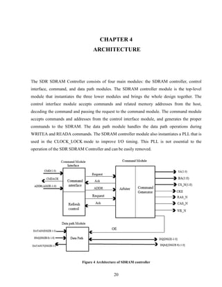 20
CHAPTER 4
ARCHITECTURE
The SDR SDRAM Controller consists of four main modules: the SDRAM controller, control
interface, command, and data path modules. The SDRAM controller module is the top-level
module that instantiates the three lower modules and brings the whole design together. The
control interface module accepts commands and related memory addresses from the host,
decoding the command and passing the request to the command module. The command module
accepts commands and addresses from the control interface module, and generates the proper
commands to the SDRAM. The data path module handles the data path operations during
WRITEA and READA commands. The SDRAM controller module also instantiates a PLL that is
used in the CLOCK_LOCK mode to improve I/O timing. This PLL is not essential to the
operation of the SDR SDRAM Controller and can be easily removed.
Figure 4 Architecture of SDRAM controller
 
