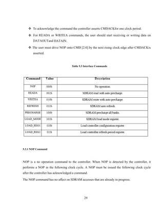 29
 To acknowledge the command the controller asserts CMDACKfor one clock period.
 For READA or WRITEA commands, the user should start receiving or writing data on
DATAOUTand DATAIN.
 The user must drive NOP onto CMD [2:0] by the next rising clock edge after CMDACKis
asserted.
Table 5.3 Interface Commands
5.3.1 NOP Command
NOP is a no operation command to the controller. When NOP is detected by the controller, it
performs a NOP in the following clock cycle. A NOP must be issued the following clock cycle
after the controller has acknowledged a command.
The NOP command has no affect on SDRAM accesses that are already in progress.
 