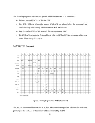 31
The following sequence describes the general operation of the READA command:
 The user asserts READA, ADDRand DM.
 The SDR SDRAM Controller asserts CMDACK to acknowledge the command and
simultaneously starts issuing commands to the SDRAM devices.
 One clock after CMDACKis asserted, the user must assert NOP.
 The CMDACKpresents the first read burst value on DATAOUT, the remainder of the read
bursts follow every clock cycle.
5.3.3 WRITEA Command
Figure 5.2 Timing diagram for a WRITEA command
The WRITEA command instructs the SDR SDRAM Controller to perform a burst write with auto-
precharge to the SDRAM at the memory address specified by ADDR.
 