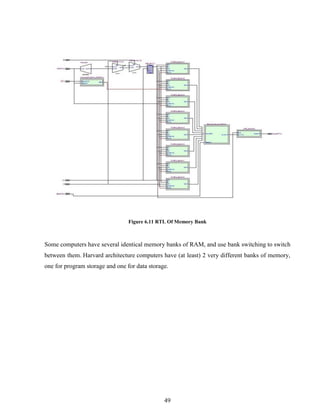 49
Figure 6.11 RTL Of Memory Bank
Some computers have several identical memory banks of RAM, and use bank switching to switch
between them. Harvard architecture computers have (at least) 2 very different banks of memory,
one for program storage and one for data storage.
 