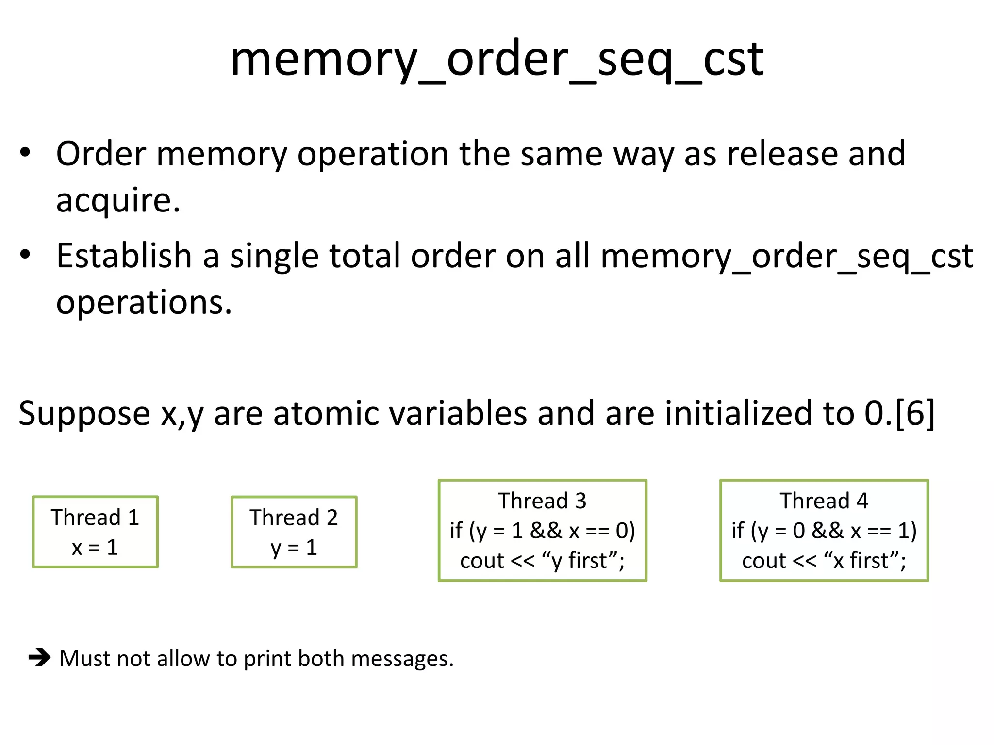 memory_order_seq_cst 
• Order memory operation the same way as release and 
acquire. 
• Establish a single total order on all memory_order_seq_cst 
operations. 
Suppose x,y are atomic variables and are initialized to 0.[6] 
Thread 1 
x = 1 
Thread 2 
y = 1 
Thread 3 
if (y = 1 && x == 0) 
cout << “y first”; 
Thread 4 
if (y = 0 && x == 1) 
cout << “x first”; 
 Must not allow to print both messages. 
 