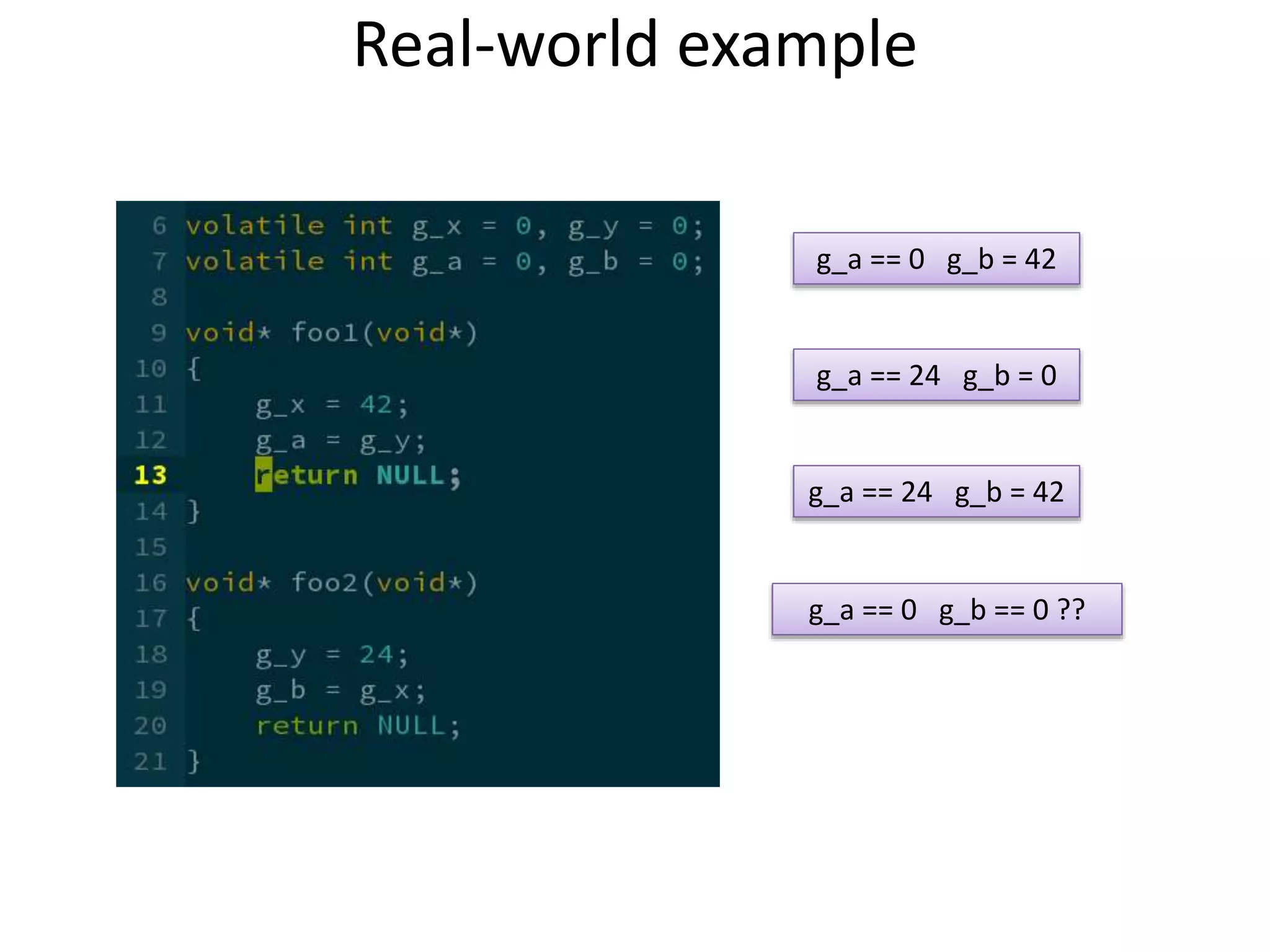 Real-world example 
g_a == 0 g_b = 42 
g_a == 24 g_b = 0 
g_a == 24 g_b = 42 
g_a == 0 g_b == 0 ?? 
 