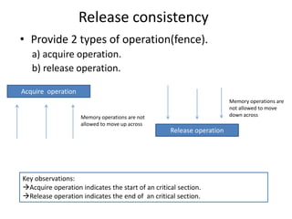 Release consistency 
• Provide 2 types of operation(fence). 
a) acquire operation. 
b) release operation. 
Acquire operation 
Release operation 
Memory operations are not 
allowed to move up across 
Key observations: 
Acquire operation indicates the start of an critical section. 
Release operation indicates the end of an critical section. 
Memory operations are 
not allowed to move 
down across 
 