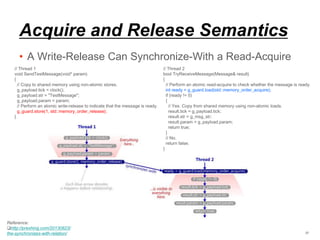 Acquire and Release Semantics
• A Write-Release Can Synchronize-With a Read-Acquire
37
// Thread 1
void SendTestMessage(void* param)
{
// Copy to shared memory using non-atomic stores.
g_payload.tick = clock();
g_payload.str = "TestMessage";
g_payload.param = param;
// Perform an atomic write-release to indicate that the message is ready.
g_guard.store(1, std::memory_order_release);
}
// Thread 2
bool TryReceiveMessage(Message& result)
{
// Perform an atomic read-acquire to check whether the message is ready.
int ready = g_guard.load(std::memory_order_acquire);
if (ready != 0)
{
// Yes. Copy from shared memory using non-atomic loads.
result.tick = g_payload.tick;
result.str = g_msg_str;
result.param = g_payload.param;
return true;
}
// No.
return false;
}
Reference:
http://preshing.com/20130823/
the-synchronizes-with-relation/
 
