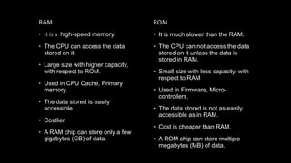 RAM
• It is a high-speed memory.
• The CPU can access the data
stored on it.
• Large size with higher capacity,
with respe...