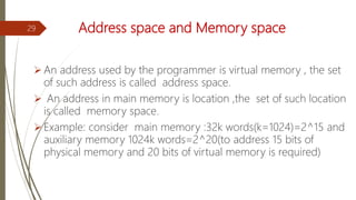 Address space and Memory space
 An address used by the programmer is virtual memory , the set
of such address is called address space.
 An address in main memory is location ,the set of such location
is called memory space.
 Example: consider main memory :32k words(k=1024)=2^15 and
auxiliary memory 1024k words=2^20(to address 15 bits of
physical memory and 20 bits of virtual memory is required)
29
 