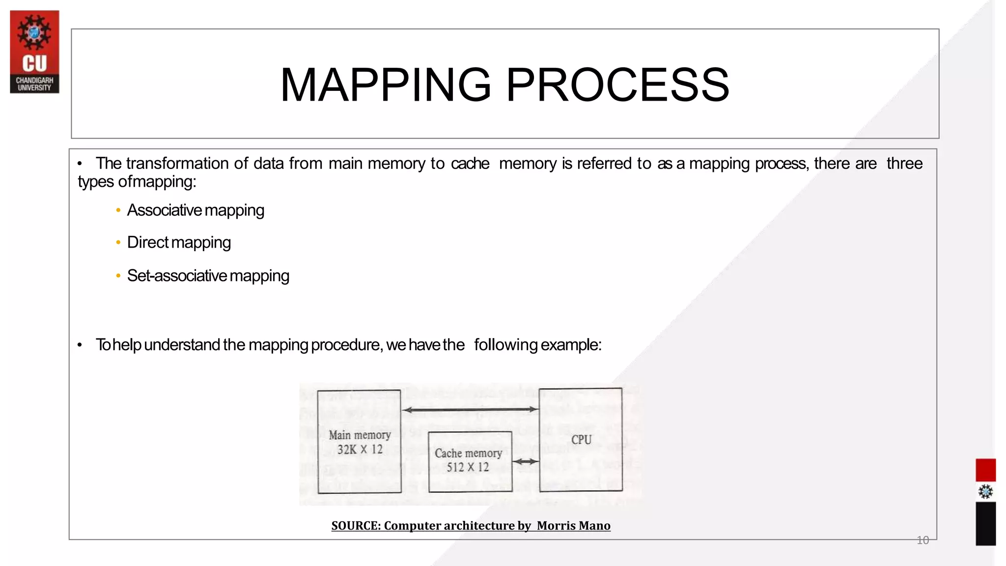 • The transformation of data from main memory to cache memory is referred to as a mapping process, there are three
types ofmapping:
• Associativemapping
• Directmapping
• Set-associativemapping
• T
ohelpunderstandthe mappingprocedure,wehavethe followingexample:
10
MAPPING PROCESS
SOURCE: Computer architecture by Morris Mano
 
