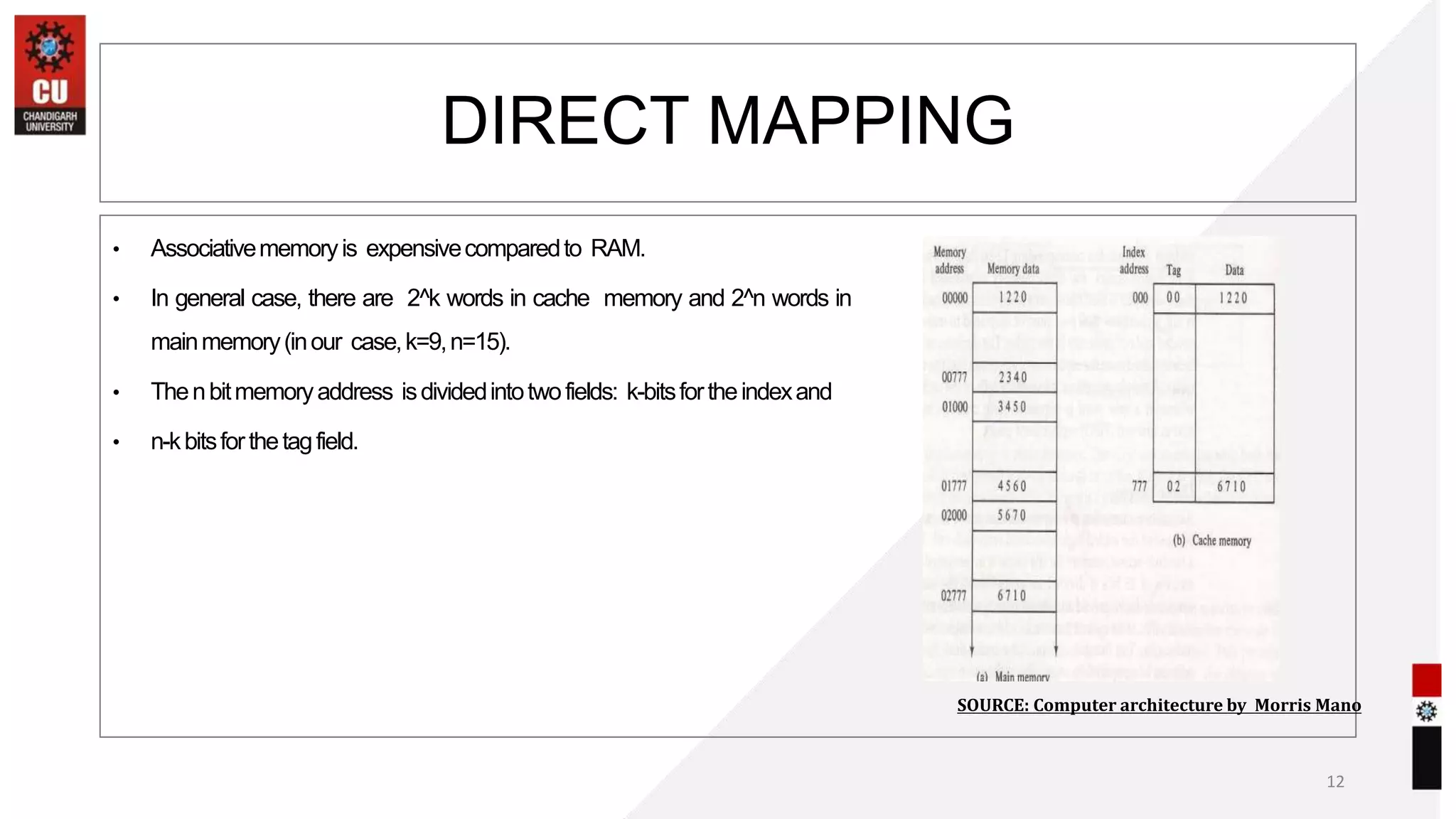 • Associativememoryis expensivecomparedto RAM.
• In general case, there are 2^k words in cache memory and 2^n words in
mainmemory(inour case,k=9,n=15).
• Thenbitmemoryaddress isdividedintotwofields: k-bitsfortheindexand
• n-kbitsforthetagfield.
12
DIRECT MAPPING
SOURCE: Computer architecture by Morris Mano
 