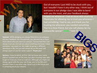 BIGS Out of everyone I just HAD to be stuck with you, but I wouldn’t have it any other way. I think out of everyone in our pledge class I was able to bond with you the most, and your feedback always helped me whenever I had an issue with anything. Thank you for allowing me to trust you whenever I had something I had to say, and thank you for trusting me whenever you needed something. You’re a close friend, but you will always be my awkwardly special “ Green ”   twin   TWIN Vannett : While pledging you always listened to me and gave me your feedback. As a housemate, you allowed me to learn more about who you were as a person. I’ve learned that I can always trust you and ask you about anything whenever I need someone I can count on. We might be going in different directions in life, but you will always be my BIG and I will always count on you for some support.  Thank you!   Sprinna : I have to admit, at first I did not know your name and so I avoided you all the time, but after crossing I was able to get to know you more as a person. Although you might not always agree with the way I do things, you’re my BIG and I wouldn’t have it any other way. Good Luck in the future and in achieving all of your dreams 