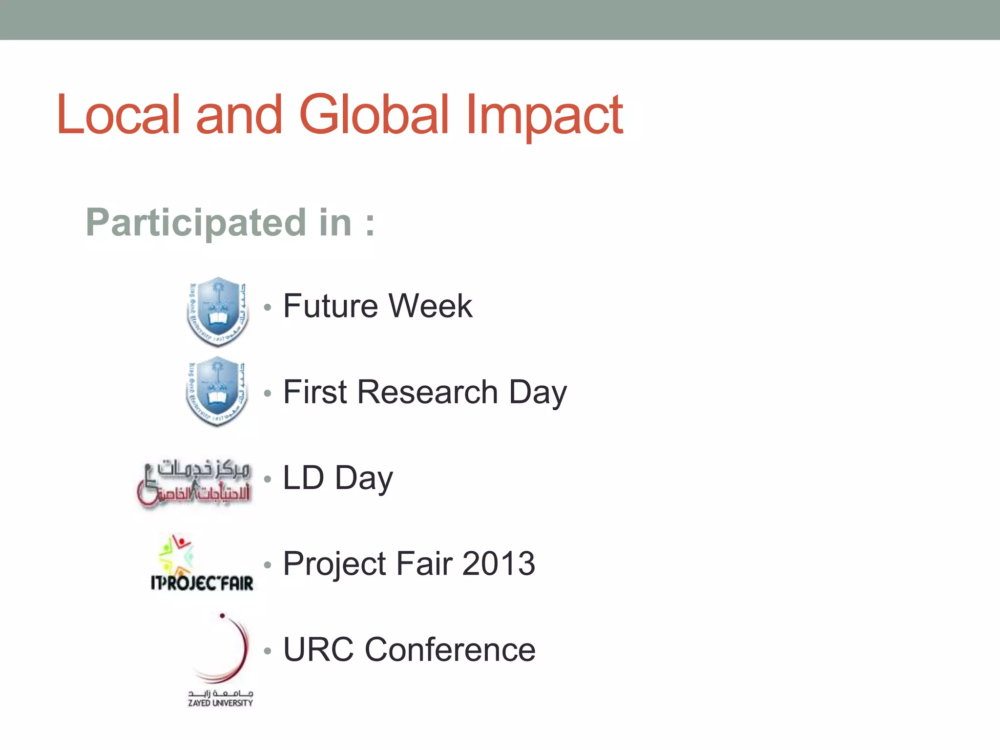 Local and Global Impact
• Future Week
• First Research Day
• LD Day
• Project Fair 2013
• URC Conference
Participated in :
 