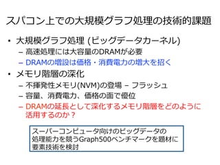 スパコン上での⼤大規模グラフ処理理の技術的課題 
• ⼤大規模グラフ処理理 (ビッグデータカーネル) 
– ⾼高速処理理には⼤大容量量のDRAMが必要 
– DRAMの増設は価格・消費電⼒力力の増⼤大を招く 
• メモリ階層の深化 
– 不不揮発性メモリ(NVM)の登場 – フラッシュ 
– 容量量、消費電⼒力力、価格の⾯面で優位 
– DRAMの延⻑⾧長として深化するメモリ階層をどのように 
活⽤用するのか？  
スーパーコンピュータ向けのビッグデータの 
処理理能⼒力力を競うGraph500ベンチマークを題材に 
要素技術を検討 
 