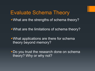 Evaluate Schema Theory 
What are the strengths of schema theory? 
What are the limitations of schema theory? 
What applications are there for schema 
theory beyond memory? 
Do you trust the research done on schema 
theory? Why or why not? 
 