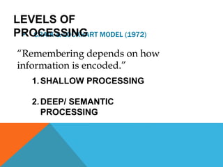 LEVELS OF 
PROCESSING 
• CRAIK & LOCKHART MODEL (1972) 
“Remembering depends on how 
information is encoded.” 
1.SHALLOW PROCESSING 
2.DEEP/ SEMANTIC 
PROCESSING 
 