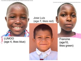 LUMOO
(age 4, likes blue)
Jose Luis
(age 7, likes red)
Francine
(age10,
likes green)
 