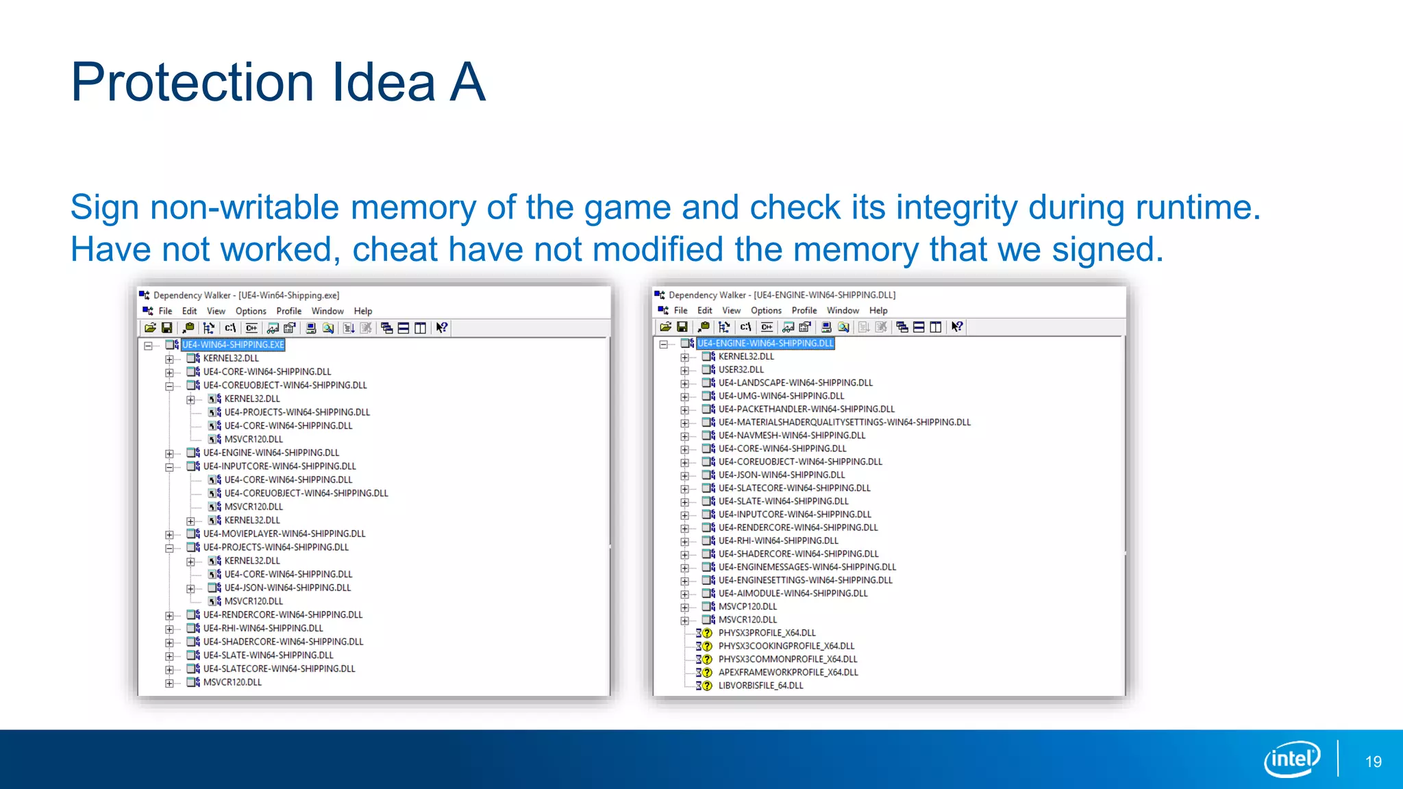 Protection Idea A
Sign non-writable memory of the game and check its integrity during runtime.
Have not worked, cheat have not modified the memory that we signed.
19
 
