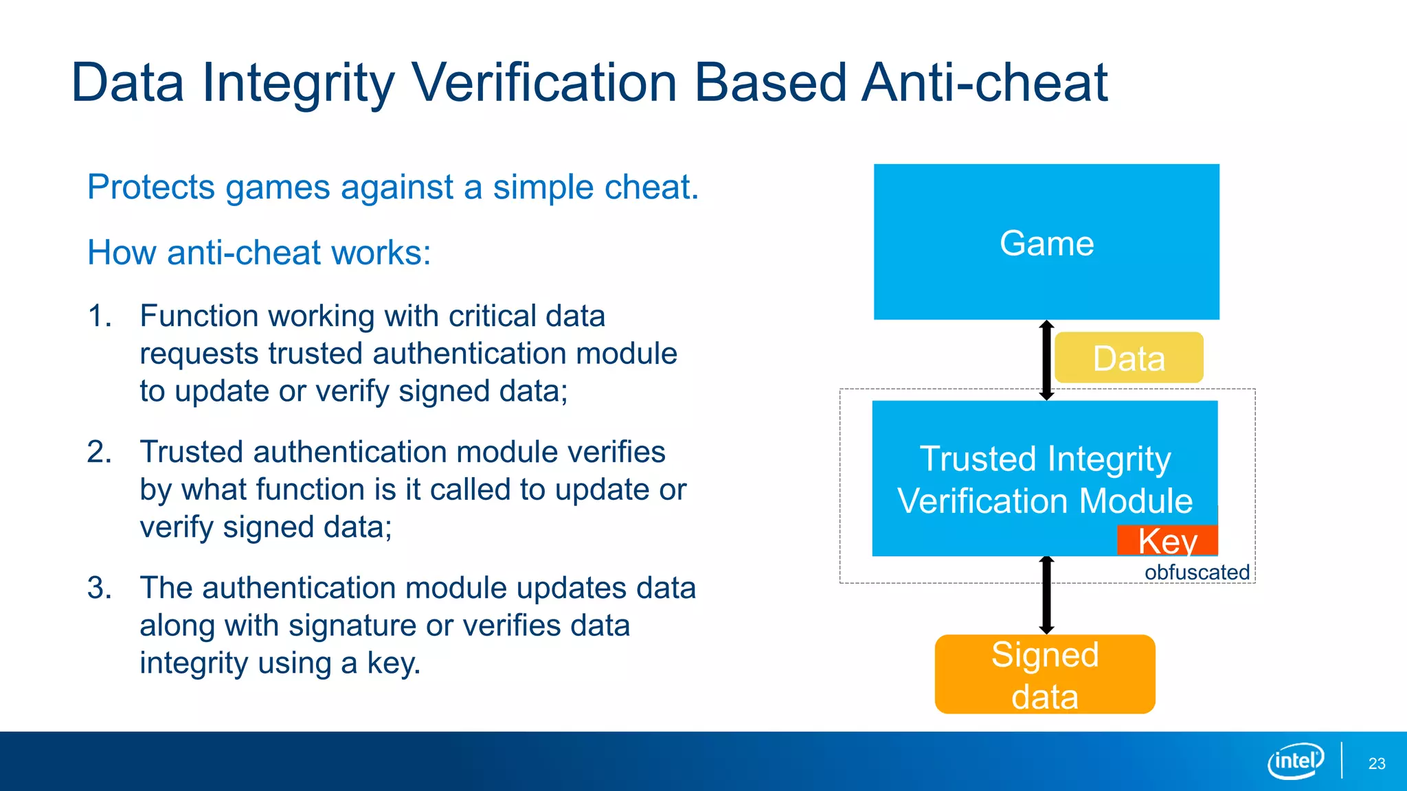 23
Protects games against a simple cheat.
How anti-cheat works:
1. Function working with critical data
requests trusted authentication module
to update or verify signed data;
2. Trusted authentication module verifies
by what function is it called to update or
verify signed data;
3. The authentication module updates data
along with signature or verifies data
integrity using a key.
Data Integrity Verification Based Anti-cheat
Key
Game
Signed
data
Data
Trusted Integrity
Verification Module
obfuscated
Key
 