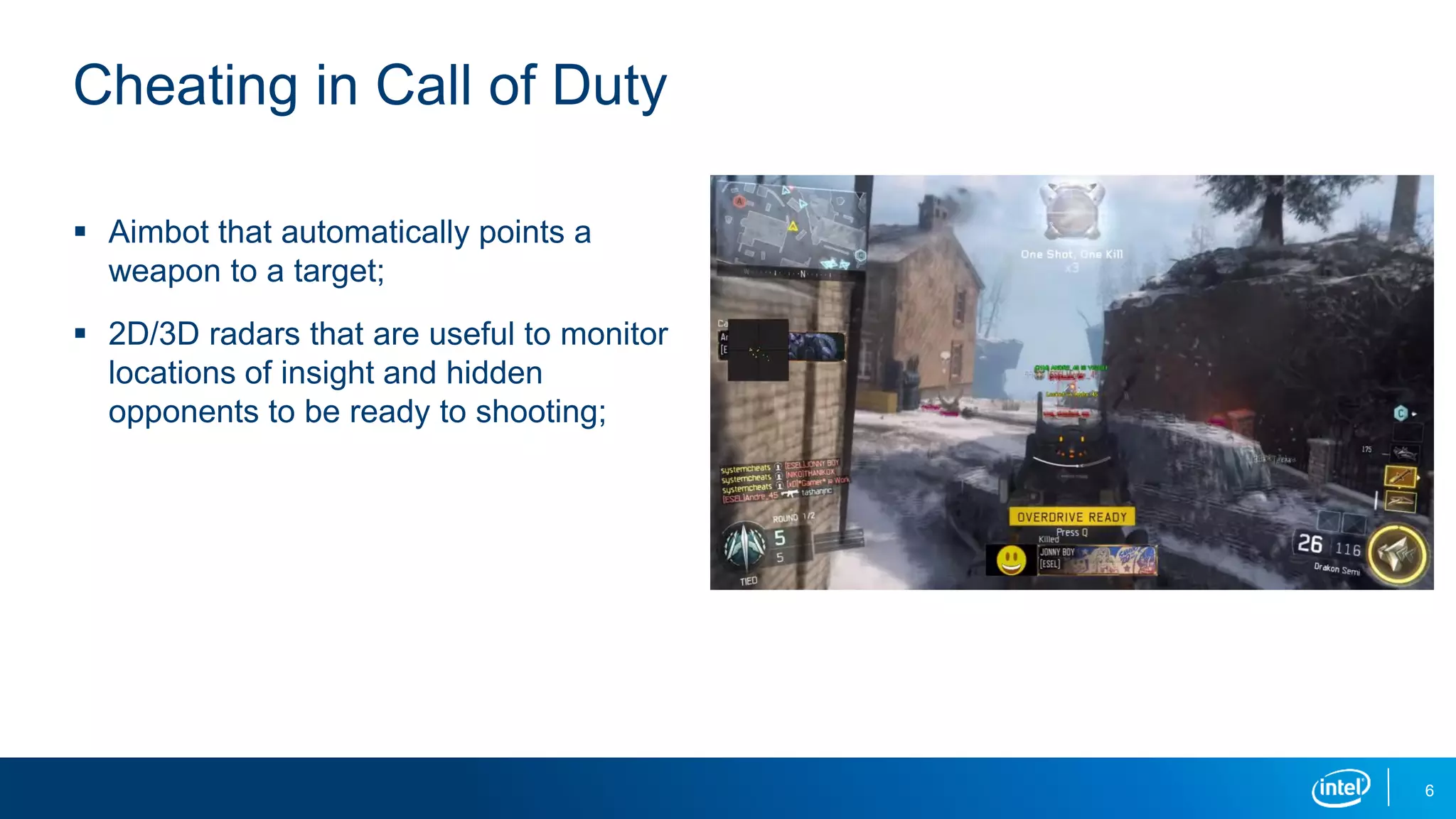 Cheating in Call of Duty
6
 Aimbot that automatically points a
weapon to a target;
 2D/3D radars that are useful to monitor
locations of insight and hidden
opponents to be ready to shooting;
 