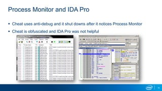 Process Monitor and IDA Pro
 Cheat uses anti-debug and it shut downs after it notices Process Monitor
 Cheat is obfuscated and IDA Pro was not helpful
14
 