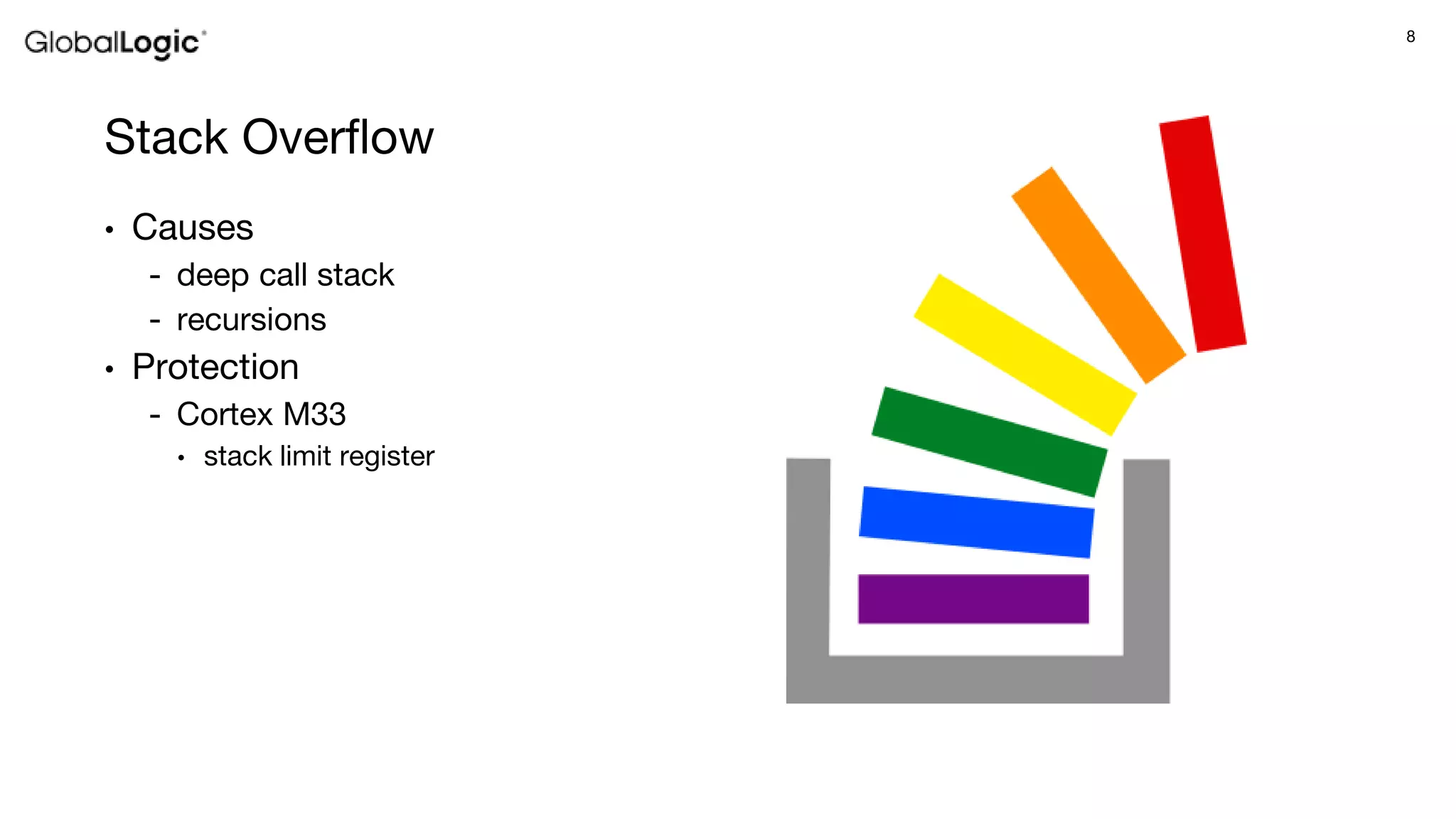8
Stack Overflow
• Causes
- deep call stack
- recursions
• Protection
- Cortex M33
• stack limit register
 