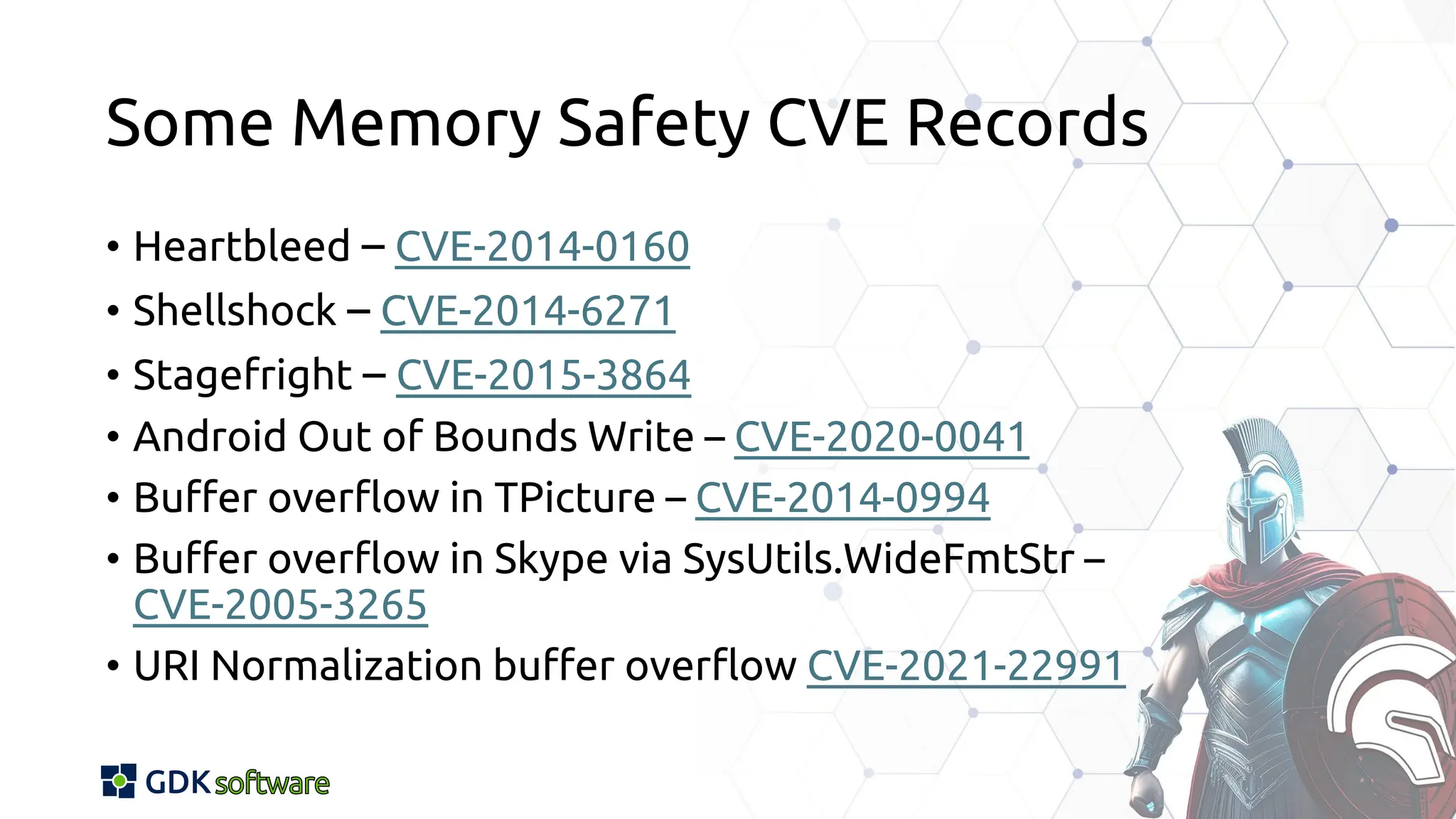 Some Memory Safety CVE Records
• Heartbleed – CVE-2014-0160
• Shellshock – CVE-2014-6271
• Stagefright – CVE-2015-3864
• Android Out of Bounds Write – CVE-2020-0041
• Buffer overflow in TPicture – CVE-2014-0994
• Buffer overflow in Skype via SysUtils.WideFmtStr –
CVE-2005-3265
• URI Normalization buffer overflow CVE-2021-22991
 