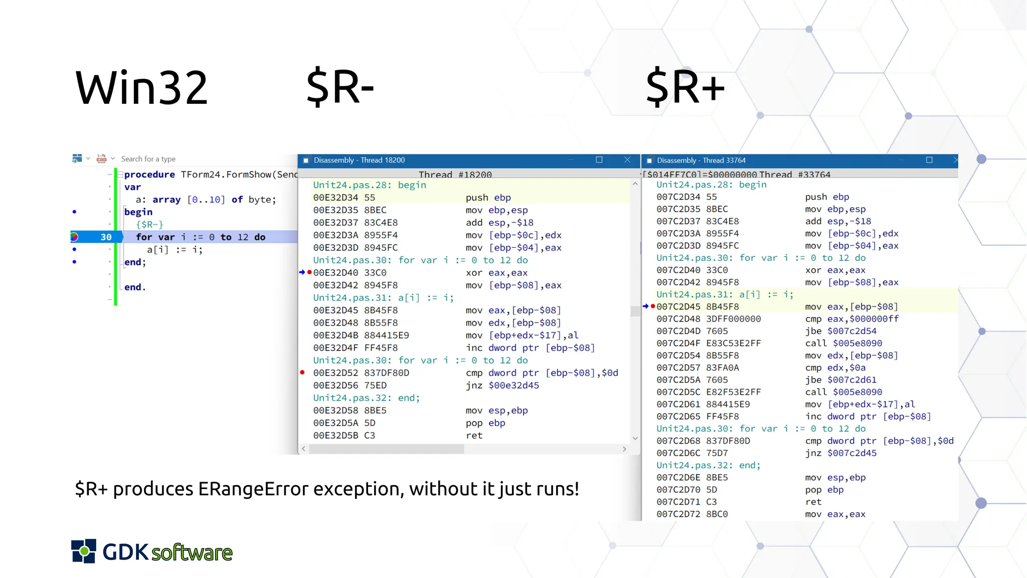 $R- $R+
$R+ produces ERangeError exception, without it just runs!
Win32
 